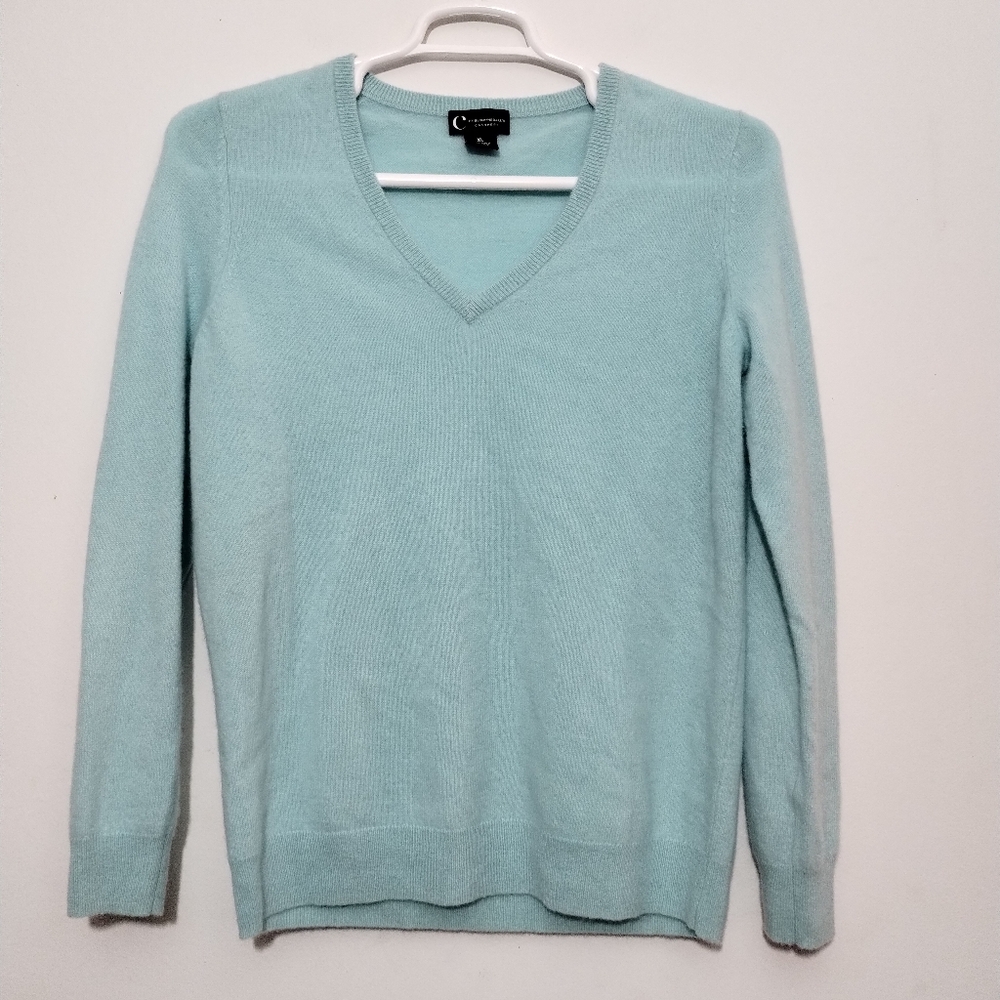 C By Bloomingdales 100% 2-Ply  Cashmere V-Neck Sweater Womens XL Light Aqua
